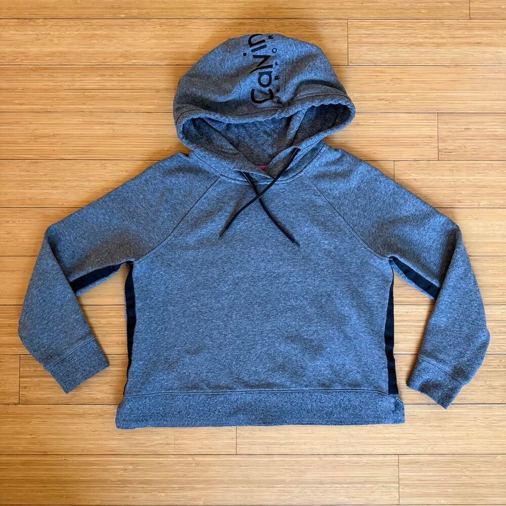 Calvin Klein Women’s Gray Pullover Hoodie M Side Slit Minimal Logo Sweatshirt